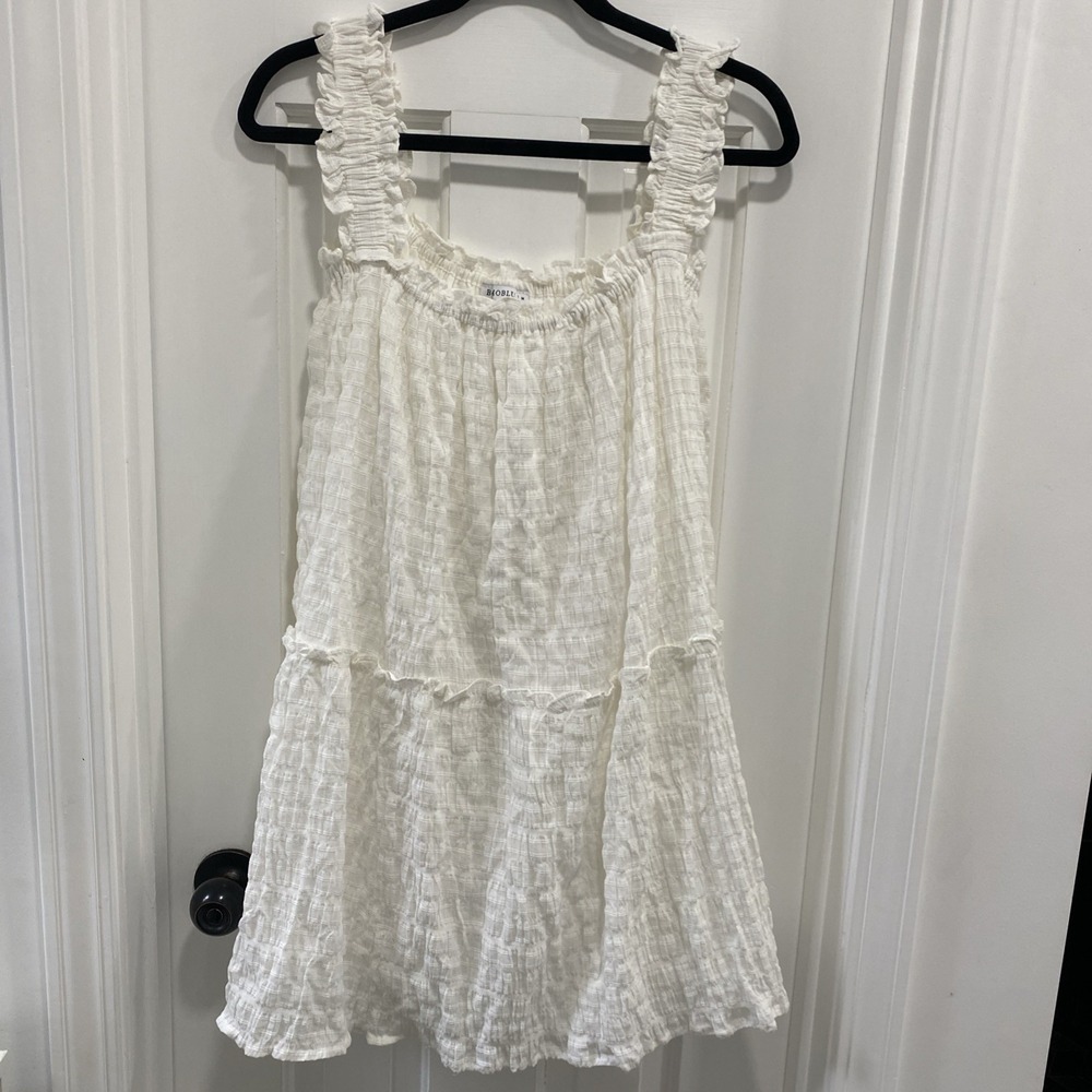 BohoBlu Ivory Seersucker Mini‎ Dress Boho Cottagecore Ruffle Tiered Size Medium